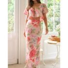 Σετ Τοπ , φούστα σατινέ , ρομαντικό , φλοράλ - MENTAG - LO