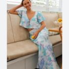 Σετ Τοπ , φούστα σατινέ , ρομαντικό , φλοράλ - MENTAG - LO