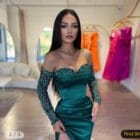 Φόρεμα , μεταλιζέ κλωστή , ανοιχτό ντεκολτέ , σκίσιμο πλάι - AKANSUS - LO