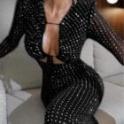 Φόρεμα γεμάτο λάμψη , μίντι , μακρυμάνικο διάφανα μανίκια - LESENAR - LO