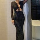 Φόρεμα γεμάτο λάμψη , μίντι , μακρυμάνικο διάφανα μανίκια - LESENAR - LO