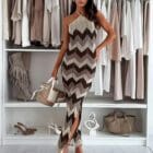 Φόρεμα Lurex , μεταλλική υφή , σκίσιμο στο πλάι , halter neck - ZIRCON - AD