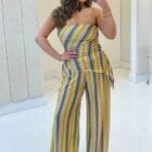 Σετ εμπριμέ , μπλούζα στράπλες , ψηλόμεση παντελόνα - ZENIA - AD