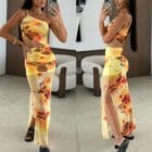 Φόρεμα , τιράντα χρυσή μεταλλική αλυσίδα , ανοίγματα πλάι , διάφανο , πολύχρωμο με φόδρα - SENKE - LO