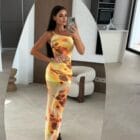 Φόρεμα , τιράντα χρυσή μεταλλική αλυσίδα , ανοίγματα πλάι , διάφανο , πολύχρωμο με φόδρα - SENKE - LO