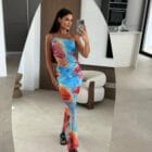 Φόρεμα , τιράντα χρυσή μεταλλική αλυσίδα , ανοίγματα πλάι , διάφανο , πολύχρωμο με φόδρα - SENKE - LO