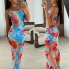 Φόρεμα , τιράντα χρυσή μεταλλική αλυσίδα , ανοίγματα πλάι , διάφανο , πολύχρωμο με φόδρα - SENKE - LO