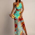 Φόρεμα , τιράντα χρυσή μεταλλική αλυσίδα , ανοίγματα πλάι , διάφανο , πολύχρωμο με φόδρα - SENKE - LO