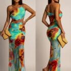 Φόρεμα , τιράντα χρυσή μεταλλική αλυσίδα , ανοίγματα πλάι , διάφανο , πολύχρωμο με φόδρα - SENKE - LO