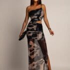 Φόρεμα , τιράντα χρυσή μεταλλική αλυσίδα , ανοίγματα πλάι , διάφανο , πολύχρωμο με φόδρα - SENKE - LO