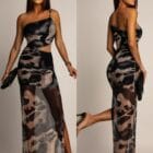 Φόρεμα , τιράντα χρυσή μεταλλική αλυσίδα , ανοίγματα πλάι , διάφανο , πολύχρωμο με φόδρα - SENKE - LO