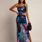 Φόρεμα , τιράντα χρυσή μεταλλική αλυσίδα , ανοίγματα πλάι , διάφανο , πολύχρωμο με φόδρα - SENKE - LO