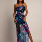 Φόρεμα , τιράντα χρυσή μεταλλική αλυσίδα , ανοίγματα πλάι , διάφανο , πολύχρωμο με φόδρα - SENKE - LO