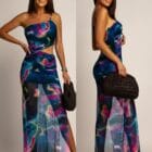 Φόρεμα , τιράντα χρυσή μεταλλική αλυσίδα , ανοίγματα πλάι , διάφανο , πολύχρωμο με φόδρα - SENKE - LO