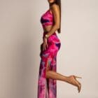 Φόρεμα , τιράντα χρυσή μεταλλική αλυσίδα , ανοίγματα πλάι , διάφανο , πολύχρωμο με φόδρα - SENKE - LO