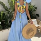 Φόρεμα ριχτό , Χοντρές τιράντες , με σούρα , κορδόνι στην πλάτη , σχέδιο με λεμόνια - LENOM - LO