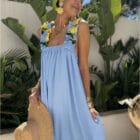 Φόρεμα ριχτό , Χοντρές τιράντες , με σούρα , κορδόνι στην πλάτη , σχέδιο με λεμόνια - LENOM - LO