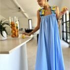 Φόρεμα ριχτό , Χοντρές τιράντες , με σούρα , κορδόνι στην πλάτη , σχέδιο με λεμόνια - LENOM - LO