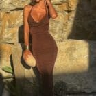 Φόρεμα μίντι και κολλητό , λεπτές τιράντες , διακοσμημένες με χάντρες , ανοιχτή πλάτη , σκίσιμο - LONAS - LO