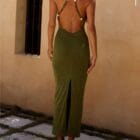 Φόρεμα μίντι και κολλητό , λεπτές τιράντες , διακοσμημένες με χάντρες , ανοιχτή πλάτη , σκίσιμο - LONAS - LO