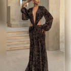 Maxi Φόρεμα , ανοιχτό ντεκολτέ , ανοιχτή πλάτη , Puffy μανίκια , σούρες φούστα , κλός - ANIMAL PRINT - SENJES - LO