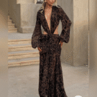 Maxi Φόρεμα , ανοιχτό ντεκολτέ , ανοιχτή πλάτη , Puffy μανίκια , σούρες φούστα , κλός - ANIMAL PRINT - SENJES - LO