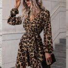 Μίνι Κρουαζέ φόρεμα λεοπάρ , ζώνη , εσωτερική φόδρα , μακρυμάνικο - LESAS - AD
