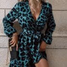 Μίνι Κρουαζέ φόρεμα λεοπάρ , ζώνη , εσωτερική φόδρα , μακρυμάνικο - LESAS - AD