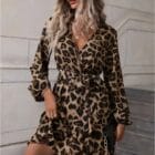 Μίνι Κρουαζέ φόρεμα λεοπάρ , ζώνη , εσωτερική φόδρα , μακρυμάνικο - LESAS - AD