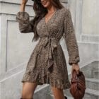 Μίνι Κρουαζέ φόρεμα λεοπάρ , ζώνη , εσωτερική φόδρα , μακρυμάνικο - LESAS - AD