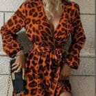 Μίνι Κρουαζέ φόρεμα λεοπάρ , ζώνη , εσωτερική φόδρα , μακρυμάνικο - LESAS - AD