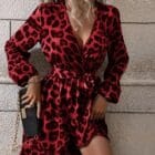 Μίνι Κρουαζέ φόρεμα λεοπάρ , ζώνη , εσωτερική φόδρα , μακρυμάνικο - LESAS - AD