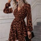 Μίνι Κρουαζέ φόρεμα λεοπάρ , ζώνη , εσωτερική φόδρα , μακρυμάνικο - LESAS - AD