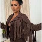 Τζάκετ με κρόσσια , τύπου biker , Suede , γιακάς - WESTERN - AD