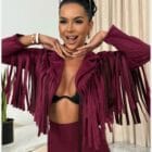 Τζάκετ με κρόσσια , τύπου biker , Suede , γιακάς - WESTERN - AD