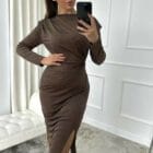 Μίντι φόρεμα γεμάτο στρας , βάτες , σούρες , άνοιγμα - POWER DRESS - AD