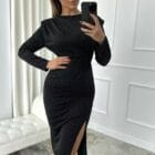 Μίντι φόρεμα γεμάτο στρας , βάτες , σούρες , άνοιγμα - POWER DRESS - AD