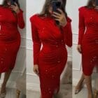 Μίντι φόρεμα γεμάτο στρας , βάτες , σούρες , άνοιγμα - POWER DRESS - AD