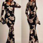 Ρομαντικό maxi φόρεμα , μεγάλα μπεζ λουλούδια , διάφανα μανίκια - SEREFE - LO