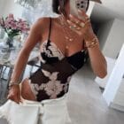 Αισθησιακό κορμάκι , διάφανο ύφασμα , ανάγλυφα μπεζ λουλούδια - FESTI - LO