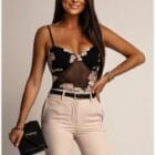 Αισθησιακό κορμάκι , διάφανο ύφασμα , ανάγλυφα μπεζ λουλούδια - FESTI - LO