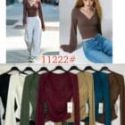 Θηλυκή στενή μπλούζα , V ντεκολτέ , σούρα , μακριά φαρδιά μανίκια - ELESIN - LO