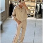 Αθλητικό σετ φόρμας με διπλές λευκές ρίγες , φούτερ ψηλό γιακά , παντελόνι με τσέπες - LINE - LO