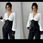 Ρομαντικό πουκάμισο με κορσέ λεπτομέρεια και δραματικά μανίκια , σούρες - KALINSTA - LO