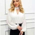 Μπλούζα - top με cut - out V και balloon τελείωμα , φαρδιά μανίκια - KALSEN - LO