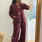 Πλεκτό Σετ με Τσέπες & Χρυσές Καρφίτσες , Ίσιο Παντελόνι - "Two-Piece Knit Set with Bold Gold Details" - LO