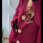 Πλεκτό Σετ με Τσέπες & Χρυσές Καρφίτσες , Ίσιο Παντελόνι - "Two-Piece Knit Set with Bold Gold Details" - LO