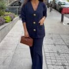 Πλεκτό Σετ με Τσέπες & Χρυσές Καρφίτσες , Ίσιο Παντελόνι - "Two-Piece Knit Set with Bold Gold Details" - LO