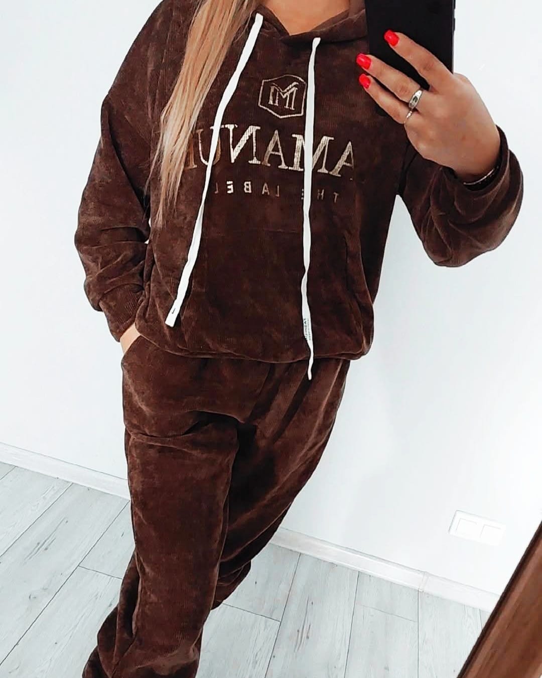 Απαλή κοτλέ σετ Φόρμα με Glam Διάθεση , κουκούλα , τσέπες μπροστά , κορδόνια - " Cozy Chic '' - LO