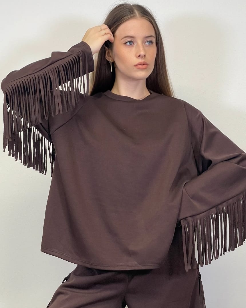 Oversized Boho Μπλούζα με Κρόσια στα Μανίκια - "Fringe Sleeve Oversized Top" - AD